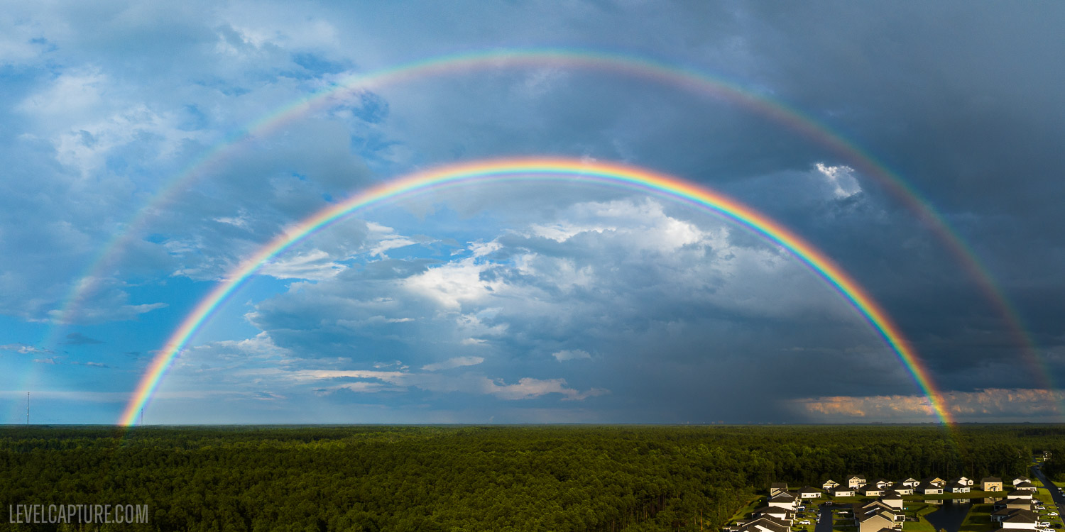 A double rainbow over Myrtle Beach, SC taken by a DJI drone